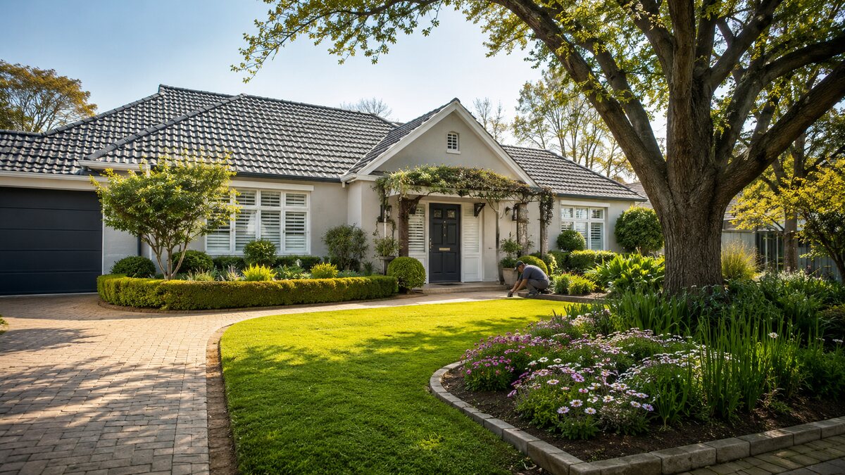 A professionally maintained South African front garden improving the curb appeal of a well-kept home