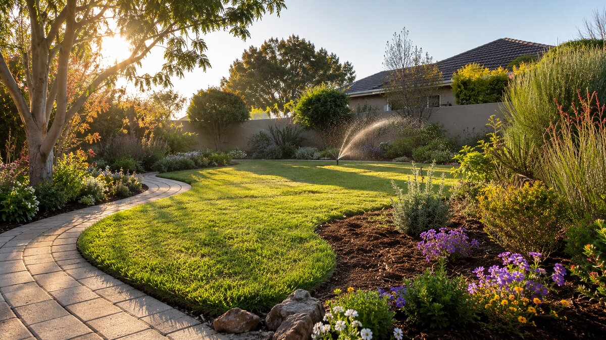 A well-maintained South African garden prepared for spring with a green lawn, mulched beds and irrigation